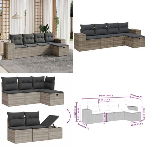 Set Divano da Giardino 5pz con Cuscini Grigio Chiaro Polyrattan - Poltrona da giardino - Cuscino da seduta