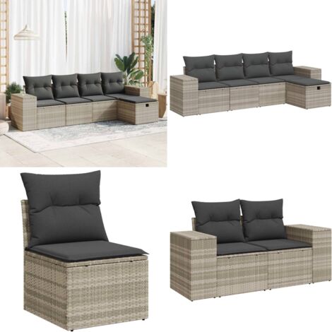 Set Divano da Giardino 5pz con Cuscini Grigio Chiaro Polyrattan - Poltrona da giardino - Seduta da giardino