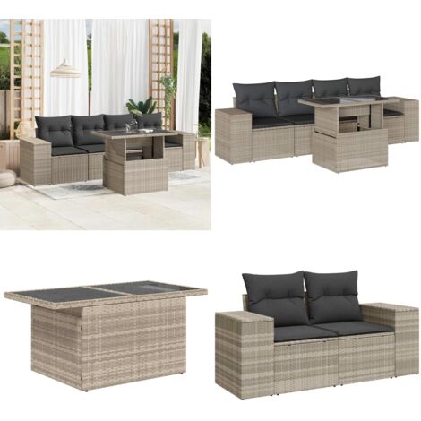Set Divano da Giardino 5pz con Cuscini Grigio Chiaro Polyrattan - Poltrona da giardino - Tavolo da giardino
