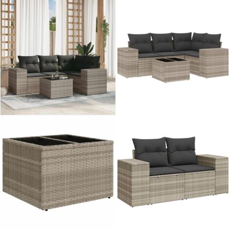 Set Divano da Giardino 5pz con Cuscini Grigio Chiaro Polyrattan - Poltrona da giardino - Tavolo da giardino