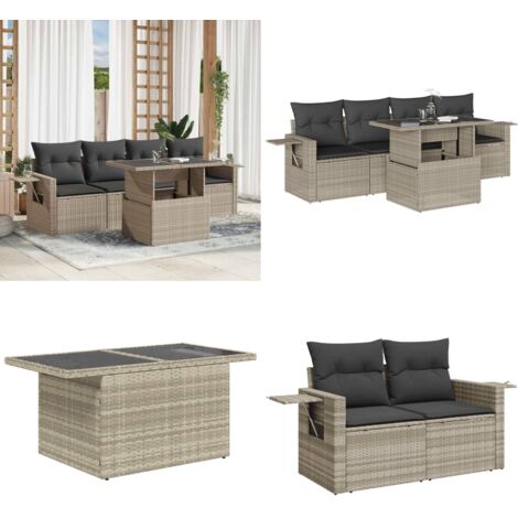 Set Divano da Giardino 5pz con Cuscini Grigio Chiaro Polyrattan - Poltrona da giardino - Tavolo da giardino