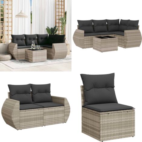 Set Divano da Giardino 5pz con Cuscini Grigio Chiaro Polyrattan - Poltrona da giardino - Tavolo da giardino