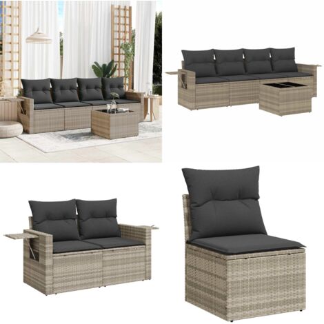 Set Divano da Giardino 5pz con Cuscini Grigio Chiaro Polyrattan - Poltrona da giardino - Tavolo da giardino