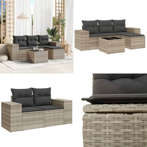 Set Divano da Giardino 5pz con Cuscini Grigio Chiaro Polyrattan - Poltrona da giardino - Tavolo da giardino