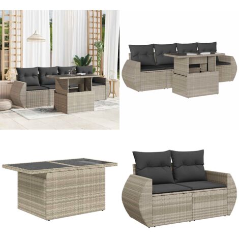 Set Divano da Giardino 5pz con Cuscini Grigio Chiaro Polyrattan - Poltrona da giardino - Tavolo da giardino