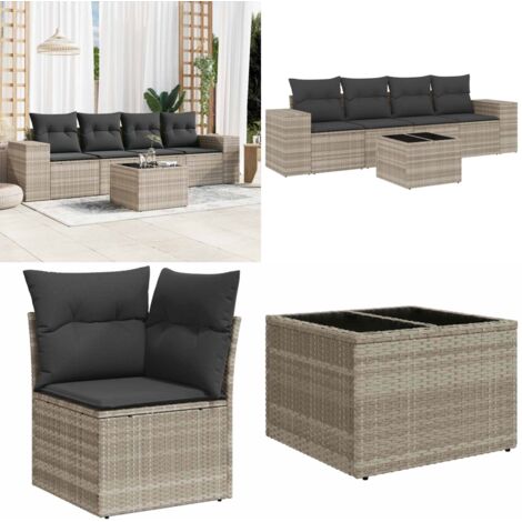 Set Divano da Giardino 5pz con Cuscini Grigio Chiaro Polyrattan - Poltrona da giardino - Tavolo da giardino
