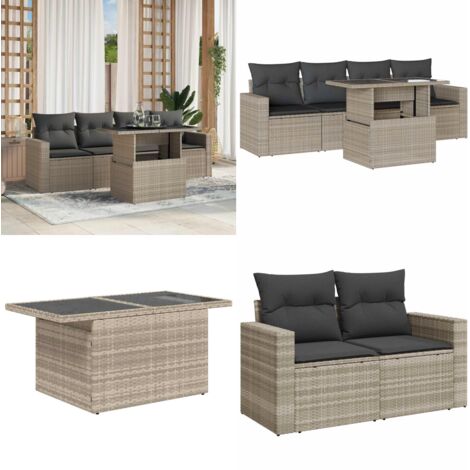 Set Divano da Giardino 5pz con Cuscini Grigio Chiaro Polyrattan - Poltrona da giardino - Tavolo da giardino