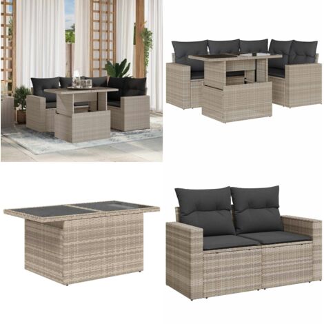 Set Divano da Giardino 5pz con Cuscini Grigio Chiaro Polyrattan - Poltrone da giardino - Tavolo da giardino