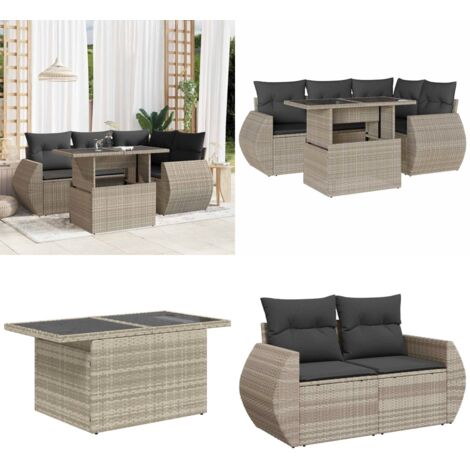 Set Divano da Giardino 5pz con Cuscini Grigio Chiaro Polyrattan - Poltrone da giardino - Tavolo da giardino