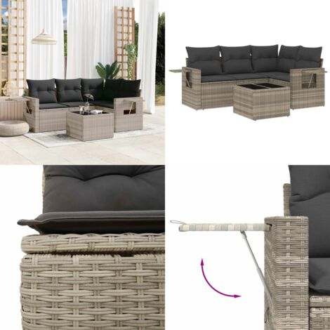 Set Divano da Giardino 5pz con Cuscini Grigio Chiaro Polyrattan - Poltrone da giardino - Tavolo da giardino