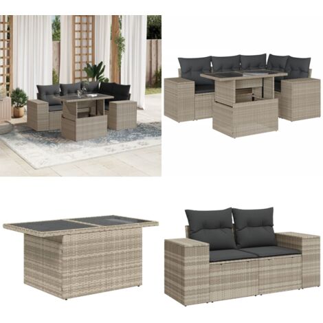 Set Divano da Giardino 5pz con Cuscini Grigio Chiaro Polyrattan - Poltrone da giardino - Tavolo da giardino