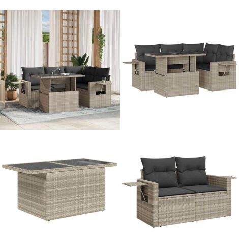 Set Divano da Giardino 5pz con Cuscini Grigio Chiaro Polyrattan - Poltrone da giardino - Tavolo da giardino
