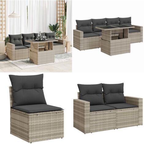 Set Divano da Giardino 5pz con Cuscini Grigio Chiaro Polyrattan - Seduta da giardino - Poltrona da giardino