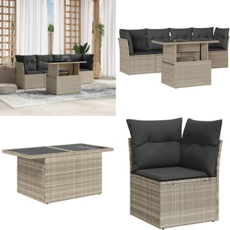 Set Divano da Giardino 5pz con Cuscini Grigio Chiaro Polyrattan - Sedute da esterno - Tavolo da giardino