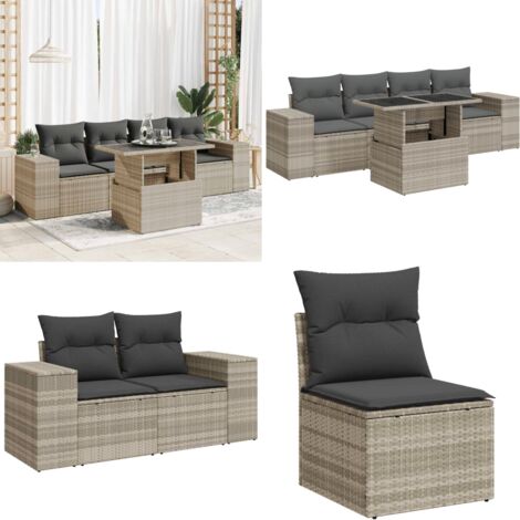 Set Divano da Giardino 5pz con Cuscini Grigio Chiaro Polyrattan - Sedute da esterno - Tavolo da giardino