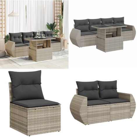 Set Divano da Giardino 5pz con Cuscini Grigio Chiaro Polyrattan - Sedute da giardino - Poltrone da giardino