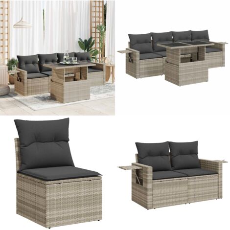 Set Divano da Giardino 5pz con Cuscini Grigio Chiaro Polyrattan - Sedute da giardino - Poltrone da giardino