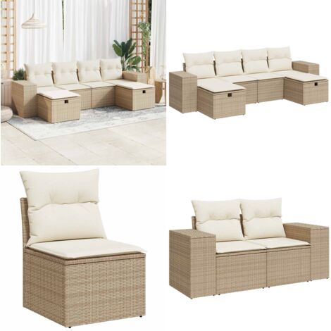 Set Divano da Giardino 6 pz con Cuscini Beige in Polyrattan - Poltrona da giardino - Cuscini da giardino