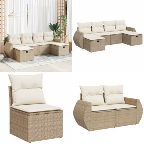 Set Divano da Giardino 6 pz con Cuscini Beige in Polyrattan - Poltrona da giardino - Cuscini per divano