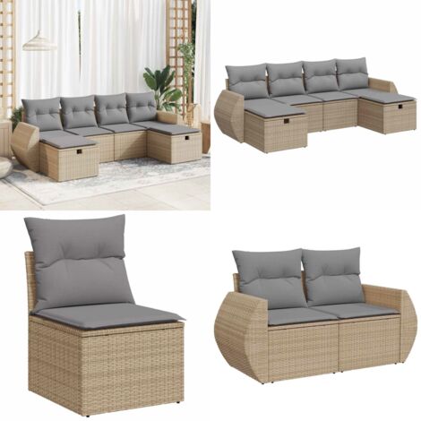 Set Divano da Giardino 6 pz con Cuscini Beige in Polyrattan - Poltrona da giardino - Cuscini per divano