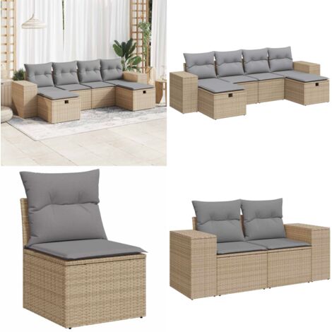 Set Divano da Giardino 6 pz con Cuscini Beige in Polyrattan - Poltrona da giardino - Cuscini per divano