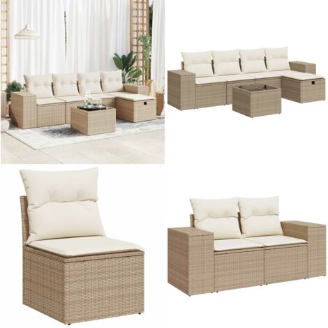 Set Divano da Giardino 6 pz con Cuscini Beige in Polyrattan - Poltrona da giardino - Seduta da giardino