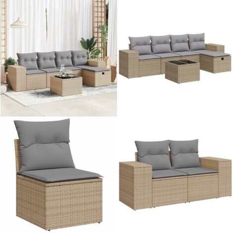 Set Divano da Giardino 6 pz con Cuscini Beige in Polyrattan - Poltrona da giardino - Seduta da giardino