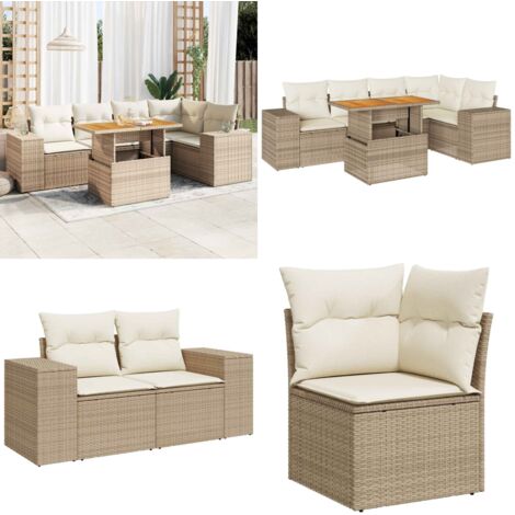 Set Divano da Giardino 6 pz con Cuscini Beige in Polyrattan - Seduta angolare - Tavolo da giardino