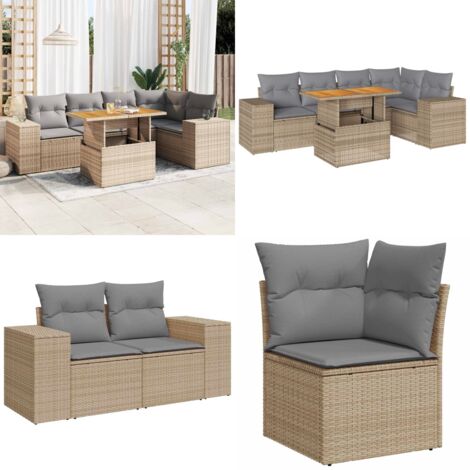 Set Divano da Giardino 6 pz con Cuscini Beige in Polyrattan - Seduta angolare - Tavolo da giardino
