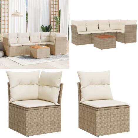 Set Divano da Giardino 6 pz con Cuscini Beige in Polyrattan - Sedute da giardino - Tavolo da giardino