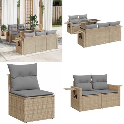 Set Divano da Giardino 6 pz con Cuscini Beige in Polyrattan - Sedute da giardino - Tavolo da giardino