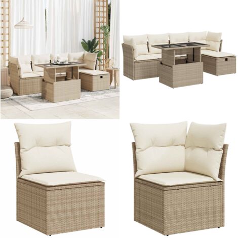 Set Divano da Giardino 6 pz con Cuscini Beige in Polyrattan - Sedute da giardino - Tavolo da giardino