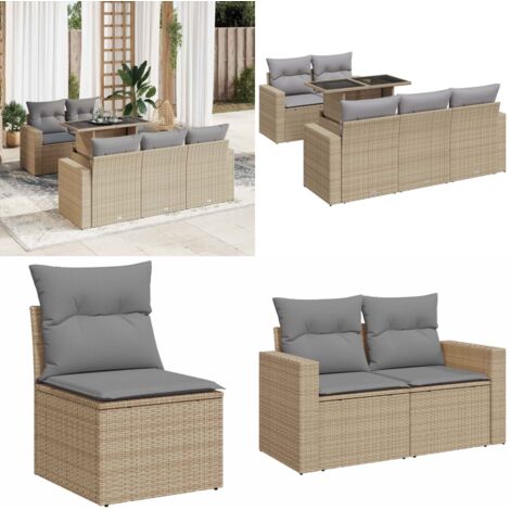 Set Divano da Giardino 6 pz con Cuscini Beige in Polyrattan - Sedute da giardino - Tavolo da giardino