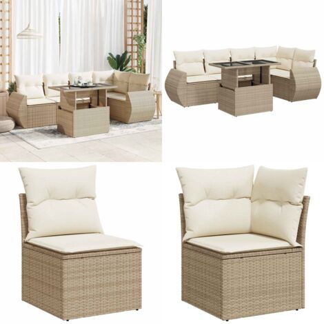 Set Divano da Giardino 6 pz con Cuscini Beige in Polyrattan - Sedute da giardino - Tavolo da giardino
