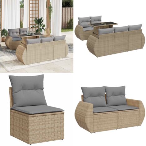 Set Divano da Giardino 6 pz con Cuscini Beige in Polyrattan - Sedute da giardino - Tavolo da giardino