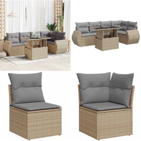 Set Divano da Giardino 6 pz con Cuscini Beige in Polyrattan - Sedute da giardino - Tavolo da giardino