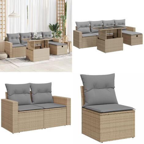 Set Divano da Giardino 6 pz con Cuscini Beige in Polyrattan - Sedute da giardino - Tavolo da giardino