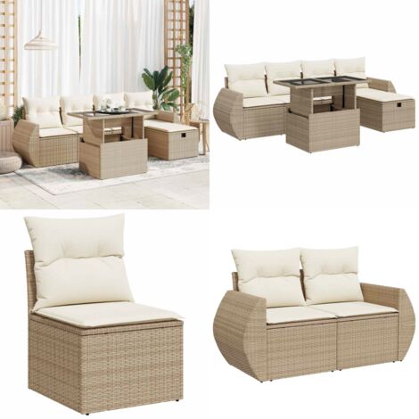 Set Divano da Giardino 6 pz con Cuscini Beige in Polyrattan - Sedute da giardino - Tavolo da giardino