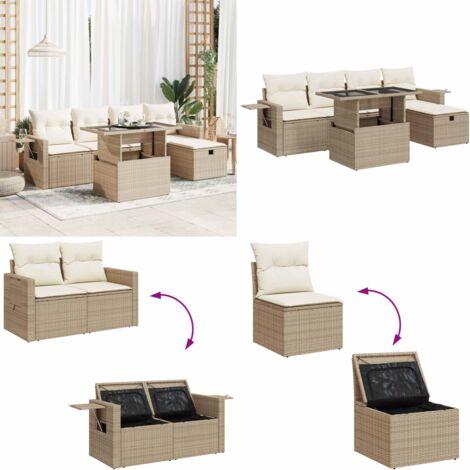 Set Divano da Giardino 6 pz con Cuscini Beige in Polyrattan - Sedute da giardino - Tavolo da giardino