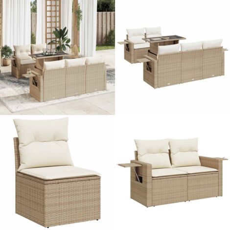 Set Divano da Giardino 6 pz con Cuscini Beige in Polyrattan - Sedute da giardino - Tavolo da giardino