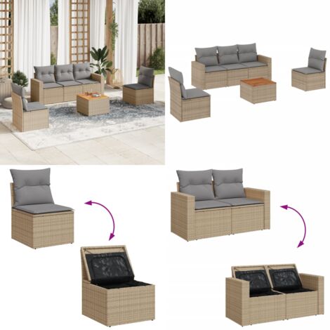 Set Divano da Giardino 6 pz con Cuscini Beige Misto Polyrattan - Sedute da giardino - Poltrone da giardino