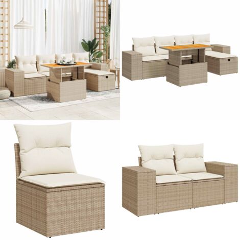 Set Divano da Giardino 6 pz con Cuscini Beige Polyrattan Acacia - Sedute da giardino - Poltrone da giardino