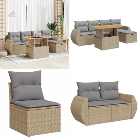 Set Divano da Giardino 6 pz con Cuscini Beige Polyrattan Acacia - Sedute da giardino - Poltrone da giardino