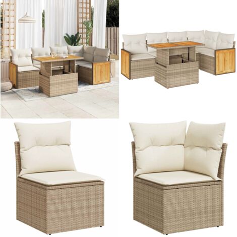 Set Divano da Giardino 6 pz con Cuscini Beige Polyrattan Acacia - Sedute da giardino - Poltrone da giardino