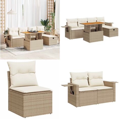 Set Divano da Giardino 6 pz con Cuscini Beige Polyrattan Acacia - Sedute da giardino - Poltrone da giardino