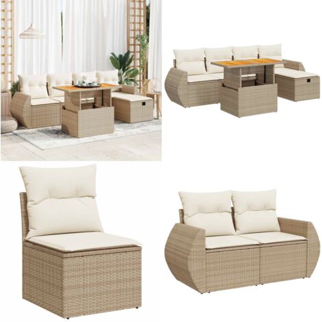 Set Divano da Giardino 6 pz con Cuscini Beige Polyrattan Acacia - Sedute da giardino - Poltrone da giardino