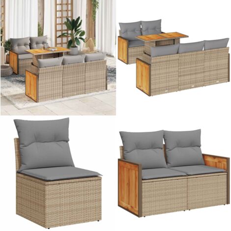Set Divano da Giardino 6 pz con Cuscini Beige Polyrattan Acacia - Sedute da giardino - Poltrone da giardino