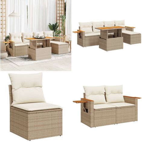 Set Divano da Giardino 6 pz con Cuscini Beige Polyrattan Acacia - Sedute da giardino - Tavolo da giardino