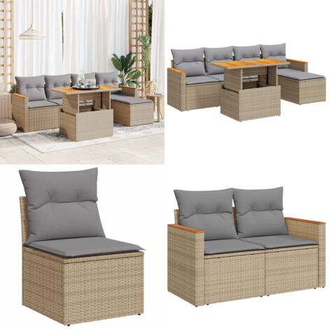 Set Divano da Giardino 6 pz con Cuscini Beige Polyrattan Acacia - Sedute da giardino - Tavolo da giardino