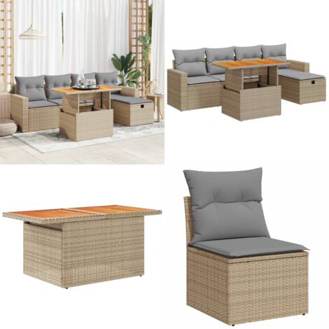 Set Divano da Giardino 6 pz con Cuscini Beige Polyrattan Acacia - Sedute da giardino - Tavolo da giardino